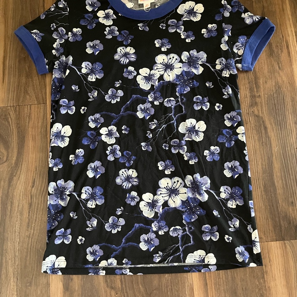 LuLaRoe Black Floral Tee with Blue Trim